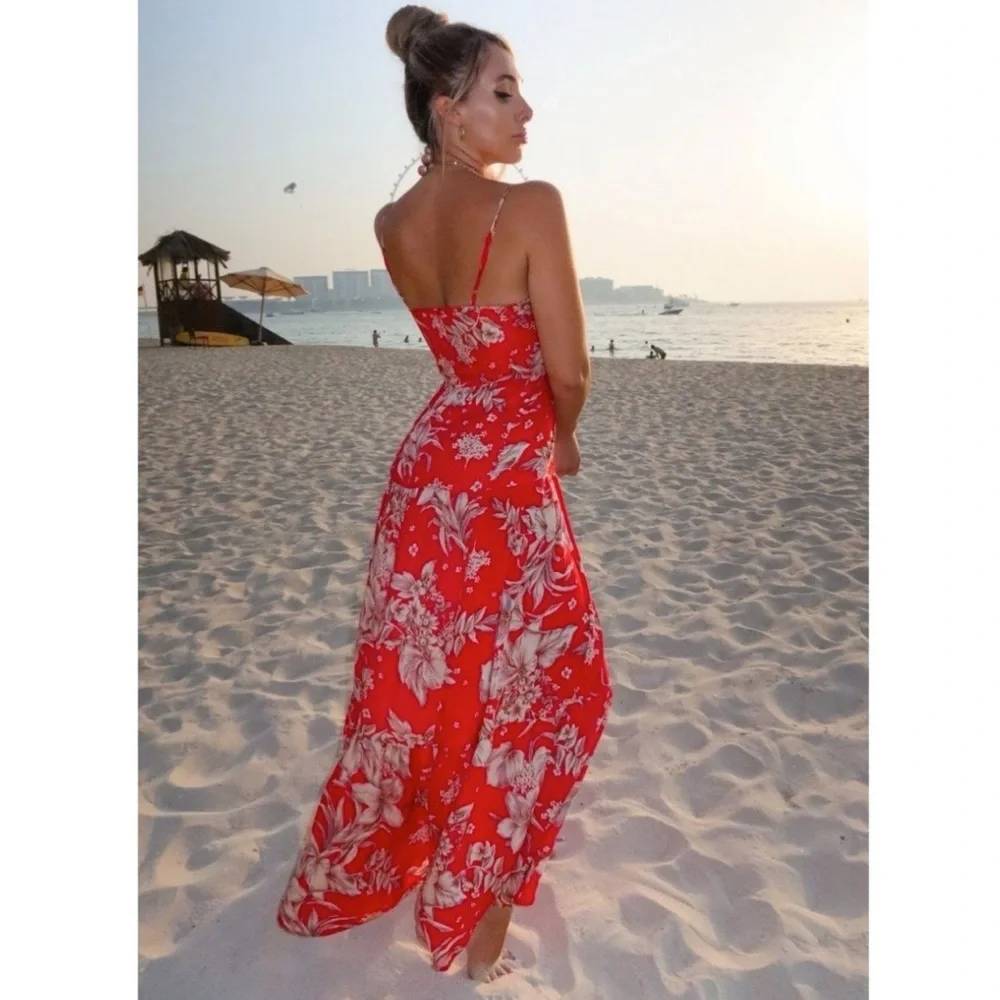 Red Floral Print Sleeveless V-Neck Long Flowy Maxi Dress - Picture 3 of 7